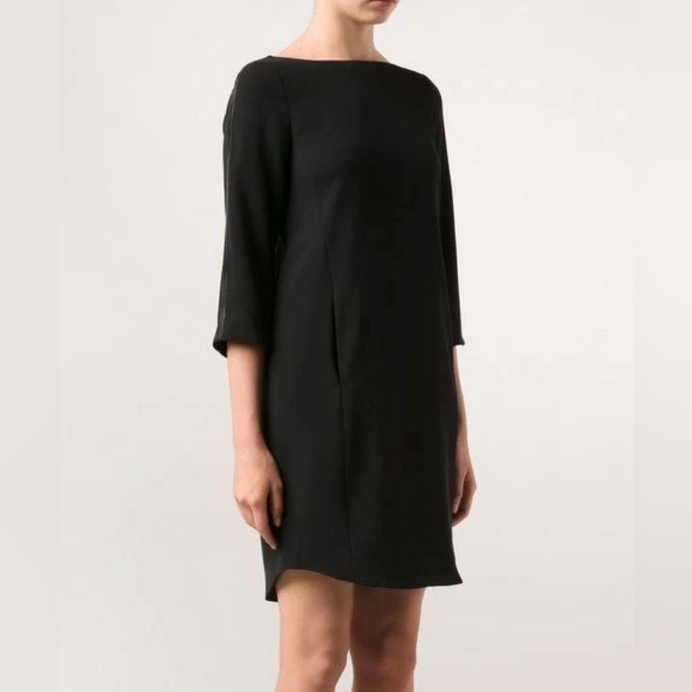 VINCE Women's Size 10 Black Leather Trim Bracelet Sleeve Shift Dress Pockets